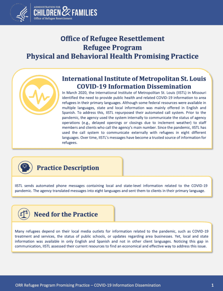Office of Refugee Resettlement Refugee Program Physical and Behavioral Health – COVID-19 Information Dissemination